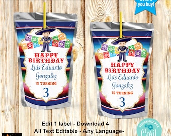 Birthday Juice Pouch Charro Mexican Sarape Background Editable in Corjl Printable Any Age