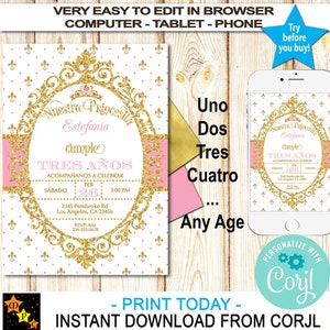 SPANISH Pink and Gold Princess 1st, 3rd Birthday Invitation, Any Age, Instant Download from Corjl, Edit in Corjl,  SPB501, 5x7