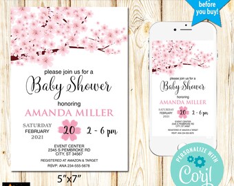 Baby Shower Invitation, Cherry Flower Theme, Instant Download from Corjl, Edit in Corjl, Printable, 5x7