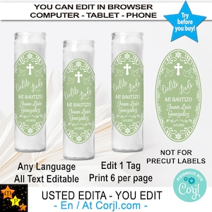 Mi Bautizo Baptism Prayer Candle Labels, Sage, Talavera, Recuerdo, Mexican Theme, Editable, Printable, Edit & Download in Corjl