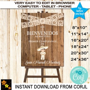MI Bautizo Baptism Welcome Sign, Mexican Style, Wood Background, Gold Toddler Charro, Edit and Download in Corjl, 6 sizes, Printable