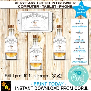 Etiquetas para botellas de licor en miniatura para bautizo, estilo mexicano, para bebé charro, editables, descarga instantánea, imprimibles, para editar en Corjl