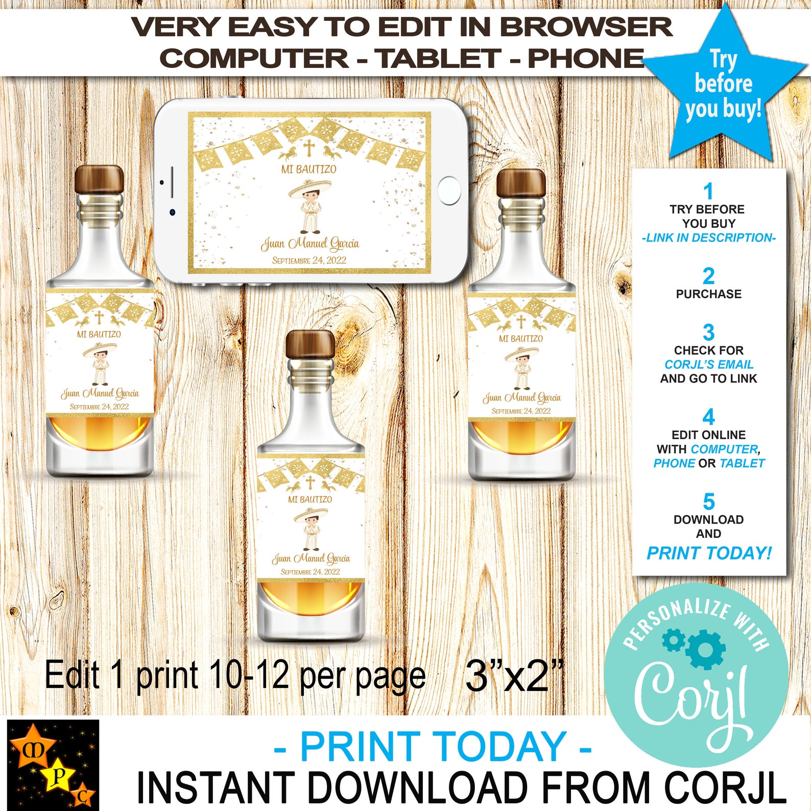 Baptism Mini Liquor Bottle Labels, Charro Gold, Mexican Style, Editable ...
