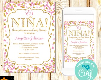 SPANISH Pink and Gold Confetti Hearts Baby Shower Invitation, Girl, Editable, Printable, 5"x7"