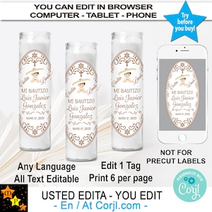 Mi Bautizo Baptism Candle Labels, Barro, Mexican Theme, Charrito, Editable, Printable, Cielito Lindo, Edit and Download in Corjl