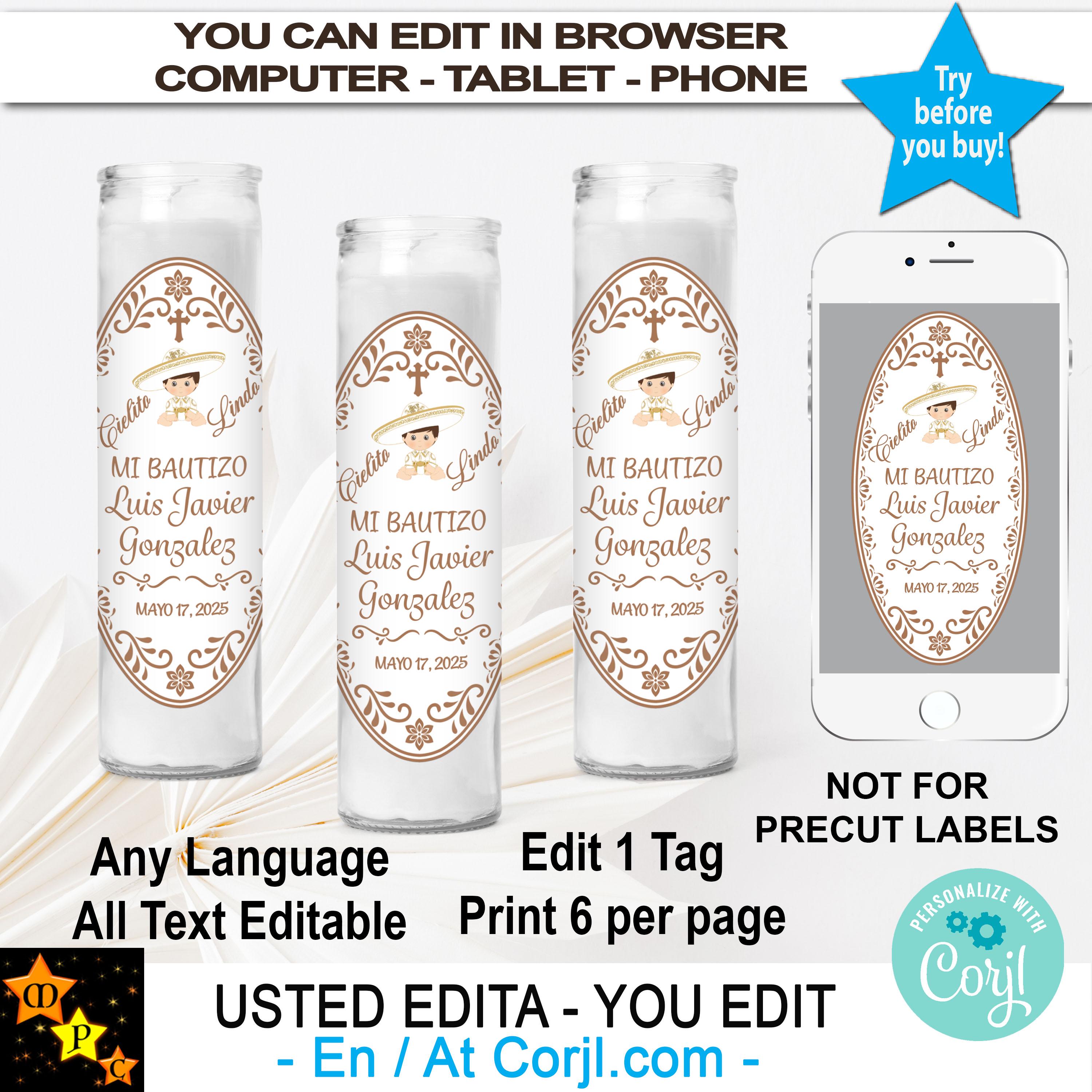 Mexican Charro Baptism Candle Label, Editable Template (digital ...