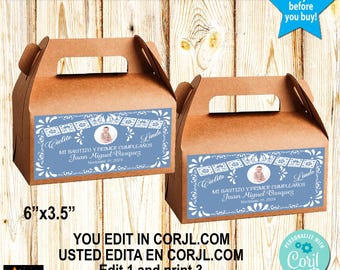 Mexican Baptism Candy Box Labels, Blue Talavera Photo Gift Stickers (Printable)