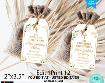 First Communion Thank You Tags, White Flowers, Gold (Editable Printable, Corjl)