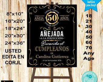 Spanish Welcome Sign, Editable, Aged to Perfection, Woman Whiskey Label, 4 Sizes Editable, Instant Download Corjl