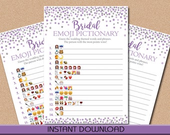 Emoji Pictionary Game, Bridal Shower Game Printable, Purple and Silver, Confetti, Wedding Shower Game, Instant Download, DIY