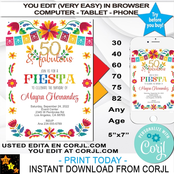 Birthday Invitation, Mexican Fiesta Flowers, Any Age, Instant Download from Corjl, Edit in Corjl, Printable, 5x7 WMX1440