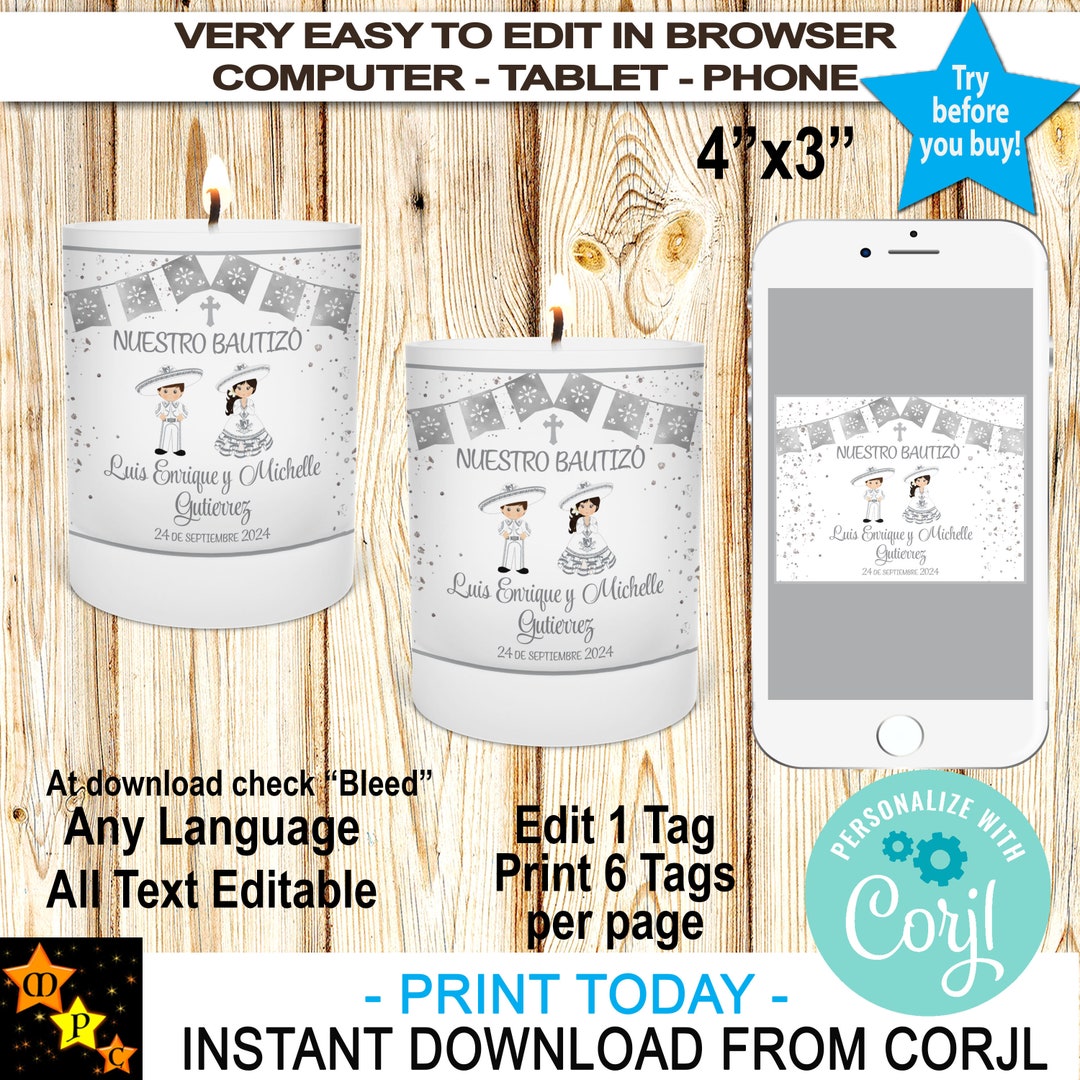 Charro Baptism Candle Label: Silver Confetti (instant Download) - Etsy