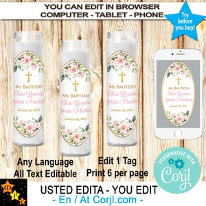 Mi Bautizo Taufe Gebetskerze Etiketten, blush rosa Rosen, Gold, Mädchen, in Corjl bearbeiten, Sofort-Download von Corjl, Printable