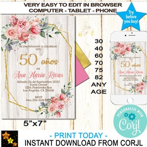 Spanish Any Age Birthday Invitation, Floral Pink and Gold, Rustic Wood, INSTANT download from Corjl, EDIT in Corjl, DIY, Printable, 5x7