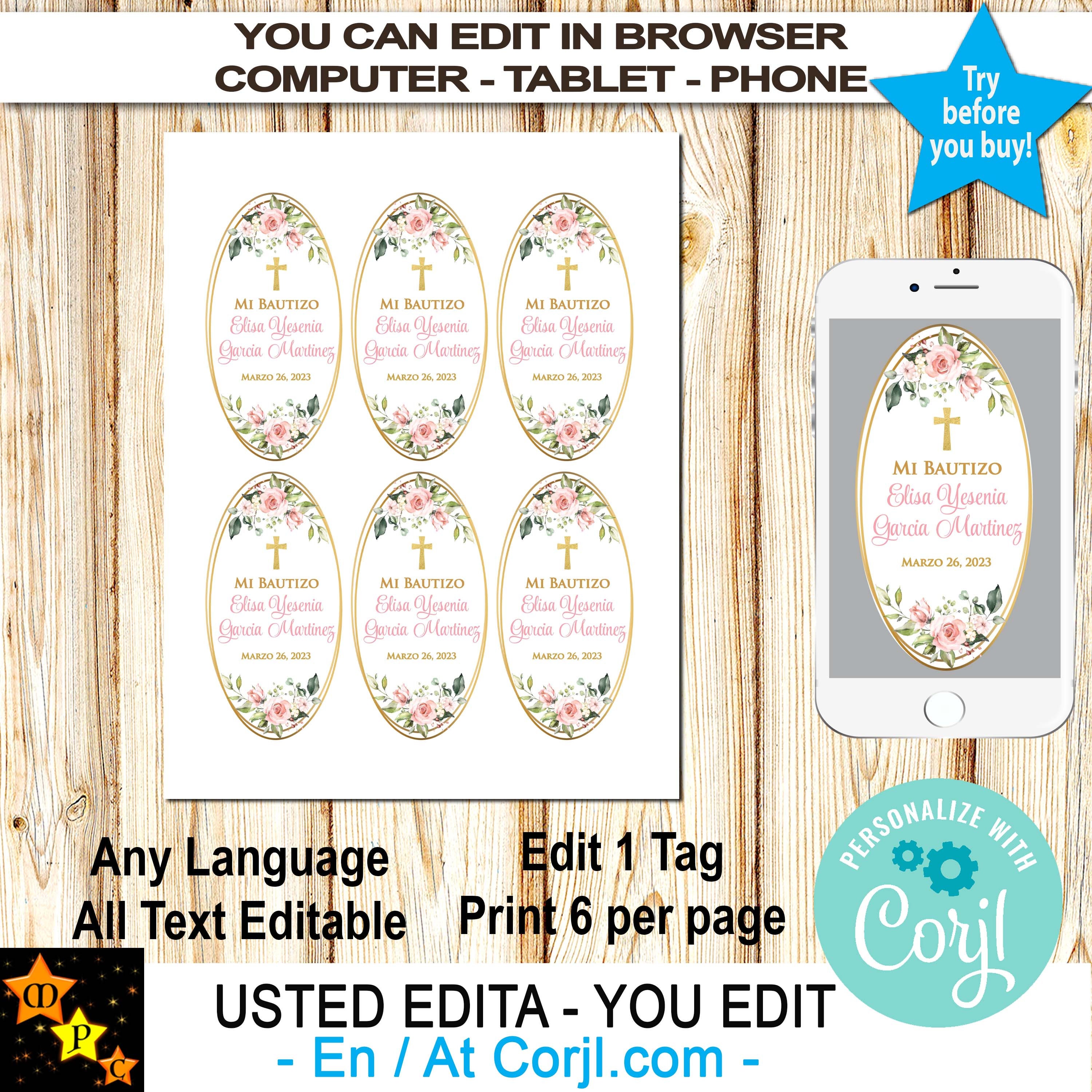 Pray Label Printable Mi Bautizo Baptism Prayer Candle Labels, Blush Pink Roses, Gold, Girl ...