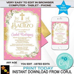 Convite de Batismo Espanhol, Batismo 1º Aniversário, Qualquer Idade, Rosa e Dourado, Download Instantâneo, Editar em Corjl, Imprimível, 5x7