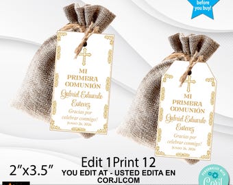 1st Communion, Primera Comunión Gift Tags, Gold, Editable Printable, Corjl