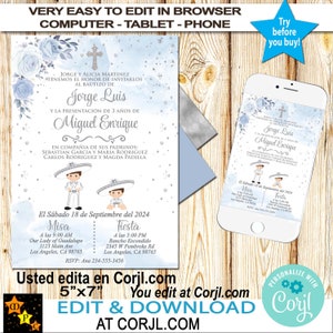 May include: A blue and silver invitation for a baptism and birthday party. The invitation features a watercolor background with blue flowers and silver glitter. The text on the invitation reads "Jorge Luis" and "Miguel Enrique" and includes the date and time of the events. The invitation is 5 inches by 7 inches and can be edited online.