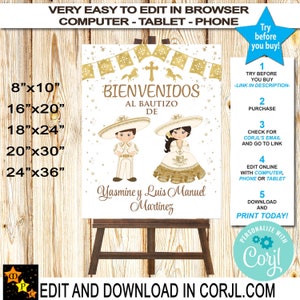 Letrero de bienvenida para bautizo, estilo mexicano, confeti dorado, charro y charra para niños pequeños, descarga instantánea de Corjl, edición en Corjl, 5 tamaños