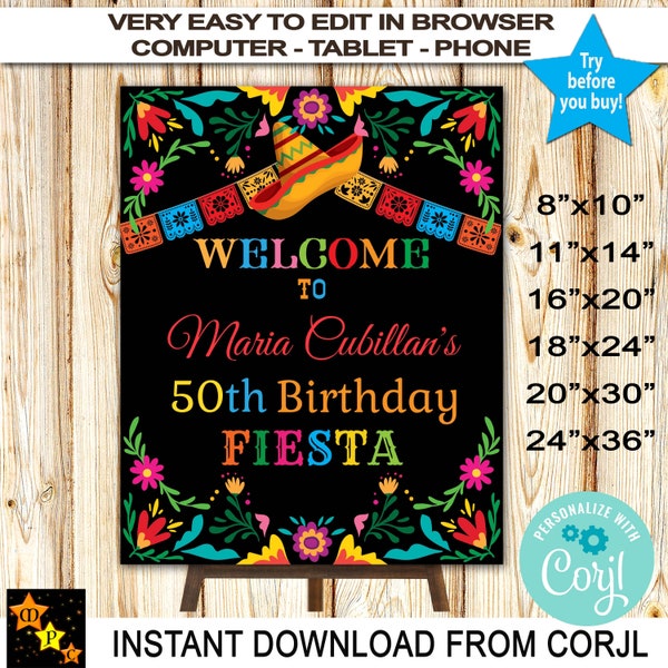 Fiesta Welcome Sign, Mexican Flowers, Instant Download from Corjl, Edit in Corjl, Printable,  6 sizes  MFWS2