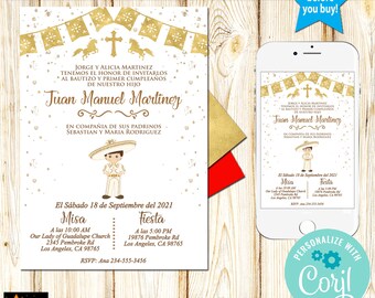 Spanish  Baptism and 1st Birthday (Any Age) Invitation, Charro, Mexican Theme, Gold Foil, Instant Download, Edit in Corjl,  Printable, DIY