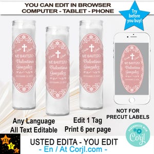 Spanish Cielito Lindo Baptism Candle Labels, Dusty Rose, Mexican Theme, Printable, Editable, Talavera, Edit and Download in Corjl
