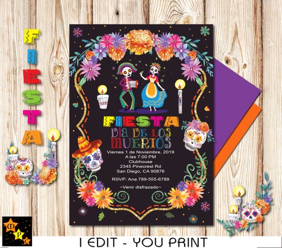 Spanish Dia De Los Muertos Fiesta Invitation Mexican Theme Etsy