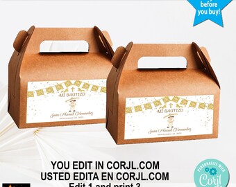May include: Two brown paper favor boxes with handles. Each box has a label with the text "MI BAUTIZO" and a graphic of a child. The boxes also have the text "Juan Manuel Hernandez" and "November 23, 2025". The boxes have the text "VERY EASY TO EDIT IN BROWSER COMPUTER - TABLET - PHONE".