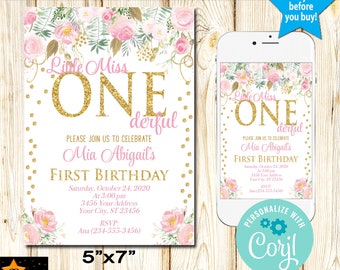 Onederful Birthday Invitation, LIttle Miss Onederful, First Birthday, Instant download from Corjl, Edit in Corjl, DIY, Printable, 5x7 & 4x6