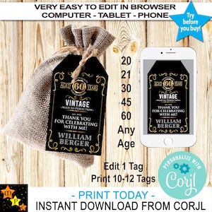 サンキュータグ、ウイスキーラベル、熟成、誕生日、年齢不問、ゴールドグリッター、Corjlからすぐにダウンロード、印刷可能、2x3.5、編集可能