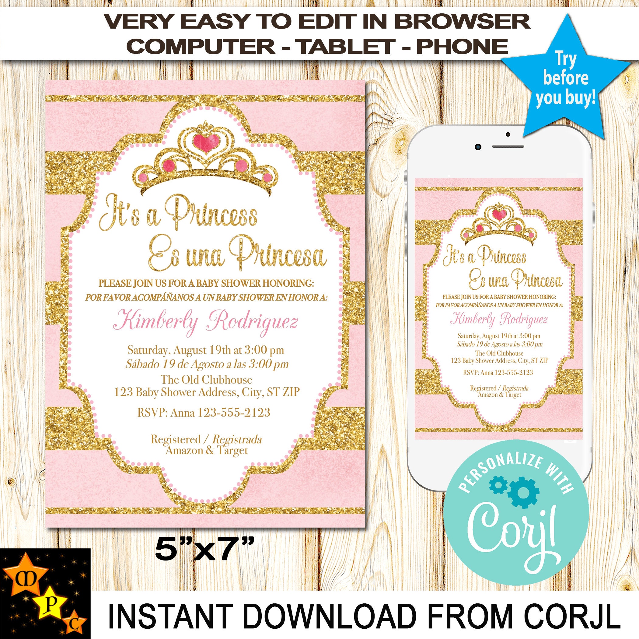 SPANISHENGLISH Princess Baby Shower Invitation Girl Pink Etsy