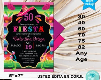 Mexican Fiesta Birthday Invitation, Floral, Any Age (Instant Download from Corjl)