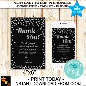 Tarjetas de agradecimiento, confeti negro y plateado, cumpleaños, aniversario, descarga instantánea de Corjl, edición en Corjl DIY, 4" x 6"