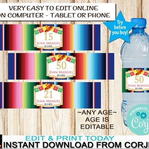 Étiquettes modifiables pour bouteilles d&#39;eau Fiesta mexicaine, anniversaire Serape (téléchargement numérique)