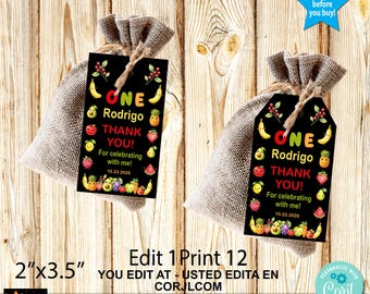 Dancing Fruit Birthday  Hey Bear Gift Tags Editable Printable Any Language Corjl 2"x3.5"