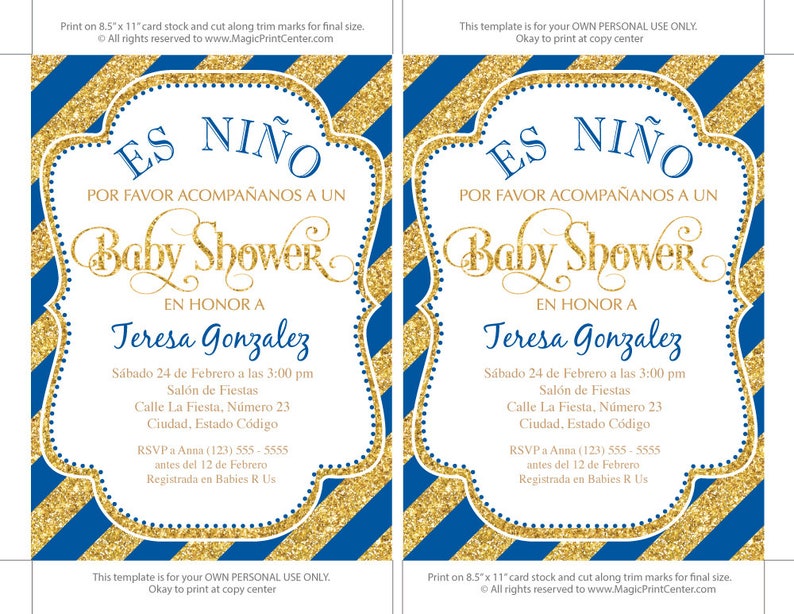 Spanish Baby Shower Invitation Boy Blue and Gold Diagonal Etsy