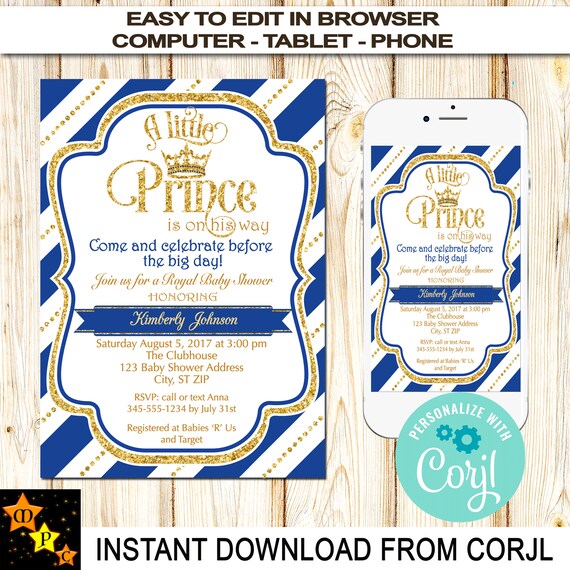 DIY SPANISH Royal Prince Thank You Cards Baby Shower Editable in Acrobat Reader 4x6 Blue and Gold Instant Download Birthday RPBBG1
