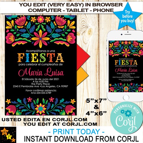 Editable Mexican Birthday Invitation Spanish ANY AGE Fiesta Etsy