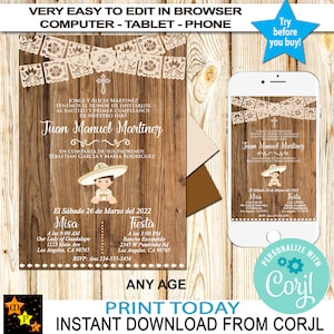 Spanish  Baptism and 1st Birthday Invitacion Bautizo (Any Age) Invitation, Charro, Mexican Theme, Rustic Wood, Edit in Corjl, Printable