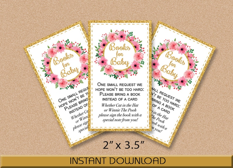 Floral Pink and Gold Glitter Shabby Chic DIY Instant Download Bring a Book Request Crown Flowers Flowers 2x3.5 Printable