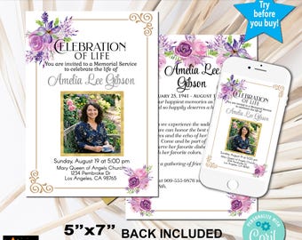 Spanish Celebration of Life Photo Invitation, Celebración de Vida, Floral Memorial (5x7" Corjl Template))