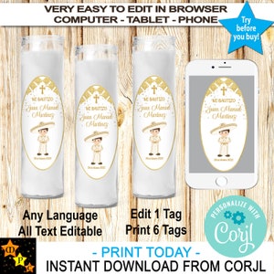 Etiquetas para velas de batismo Mi Bautizo, Charro dourado para crianças, Confete dourado, Download instantâneo de Corjl, Editar em Corjl, Imprimível