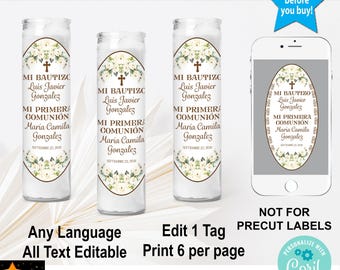 Baptism 1st Communion Prayer Candle Label, White Roses, (Corjl Instant Download)