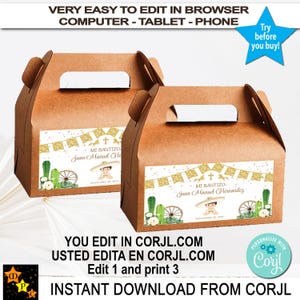 Mi Bautizo Doop Snoep Geschenkdoos Etiketten Mexicaans thema, Charro, Afdrukbaar, Groen Goud, Bewerken en downloaden in Corjl, Afdrukbaar, 6 x 3,5 inch