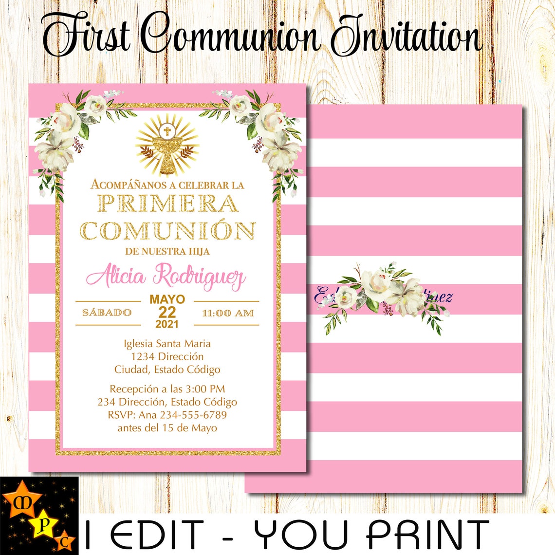 Spanish First Communion Invitation Blush Pink and Gold Etsy