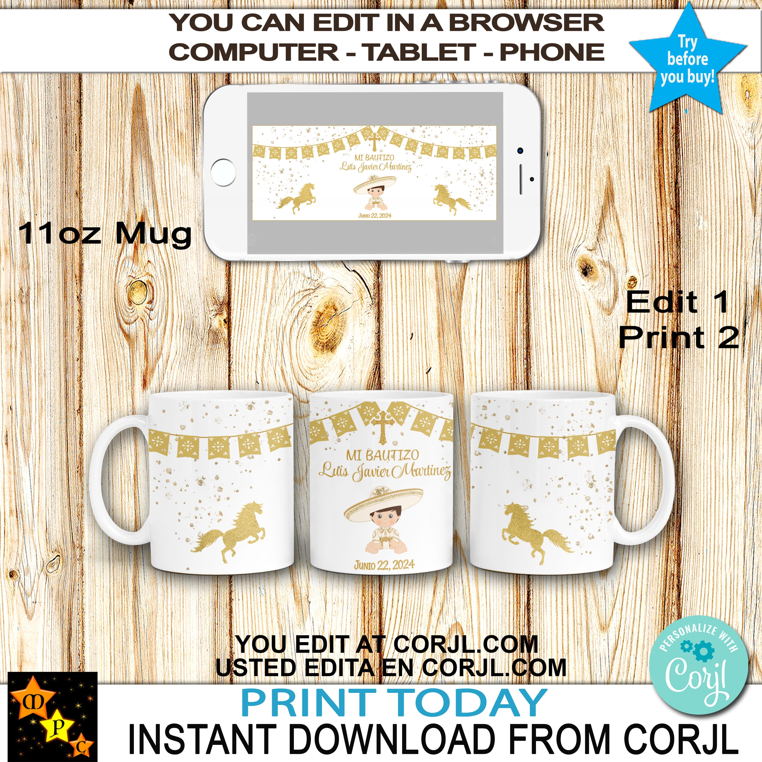 Mi Bautizo Baptism Mug Labels 11oz, Taza, Baby Charro, Gold, Printable, Edit and Download in Corjl