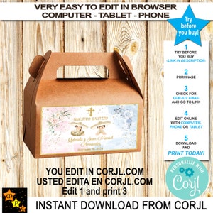 Nuestro Bautizo Baptism Gift Box Labels, Blue Pink, Girl Boy, Charros, Gable Box, Edit and Download at Corjl, 6&quot; x 3.5&quot;