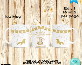Mi Bautizo Baptism Mug Labels 11oz, Taza, Baby Charra, Gold, Editable, Printable, Corjl