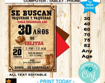 Spanish Western Cowgirl Rustic Invitacion Vaquera Rustica Birthday Invitation, Any Age, Edit and Download in Corjl, Printable, 5x7