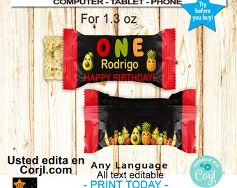 Dancing Fruit Rice Treat Wrapper for 1.3 oz, Hey Bear, Editable in Corjl, Printable, Instant Download
